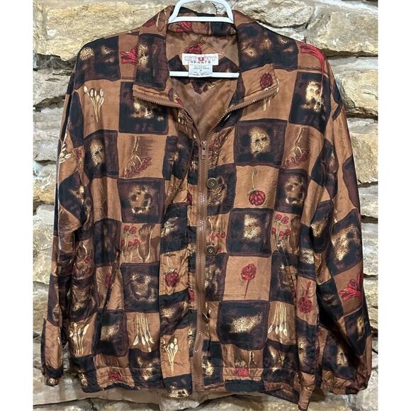 Women's Vintage SILK Stunt Sports Checkered Brown Floral Full Zip 100% Silk Jack - Picture 1 of 4